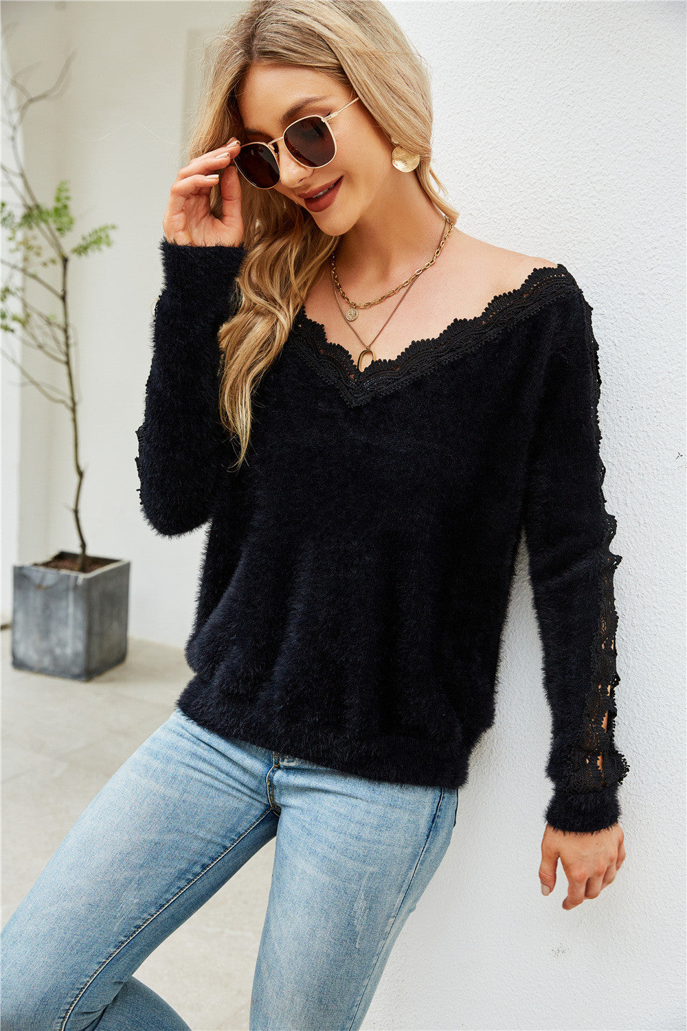 Sexy Solid Color Polyester Sweater With Lace Neckline