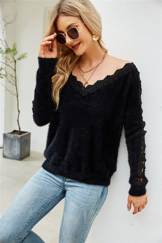 Sexy Solid Color Polyester Sweater With Lace Neckline
