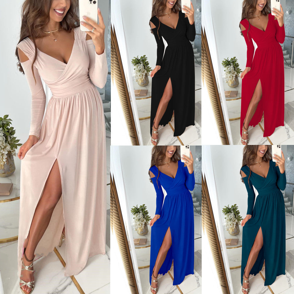 Women's Spring And Summer Long Sleeve V-Neck Solid Color Hem Slit Dress