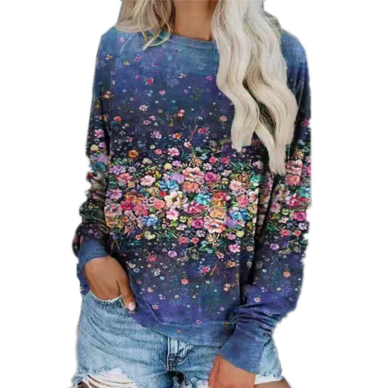 Women's Printed Round Neck Long-sleeved T-shirt