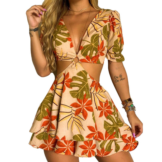 Women Dresses Deep V Neck Multicolor Leaves Print Cut-out O-ring Short Sleeve Pleated Casual Chic Elegant Mini Dress