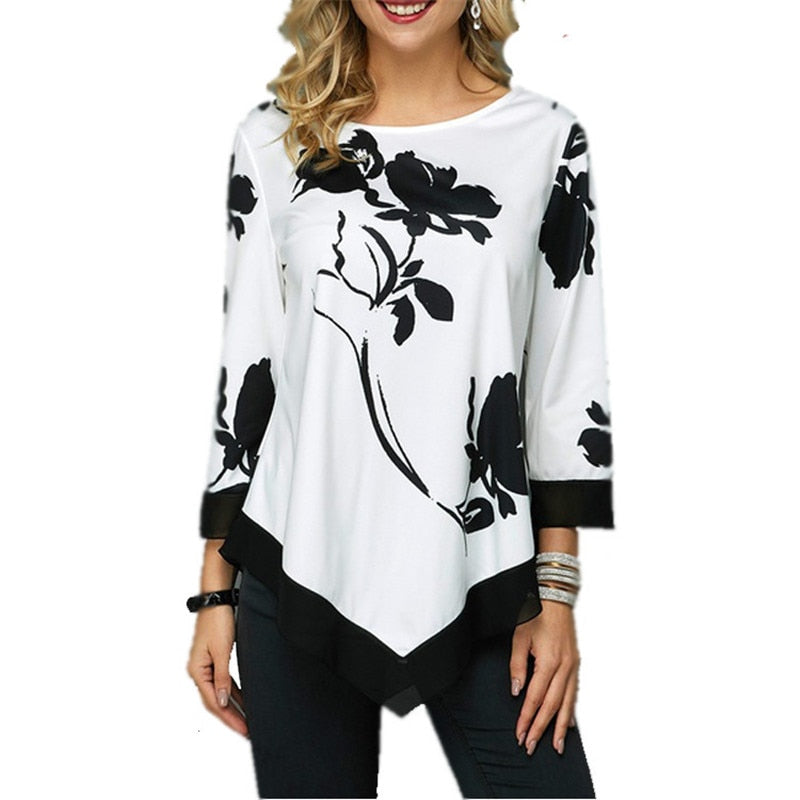 New Spring Oversized Women Casual Irregular O-Neck Lace Splice Floral Printing Pullover