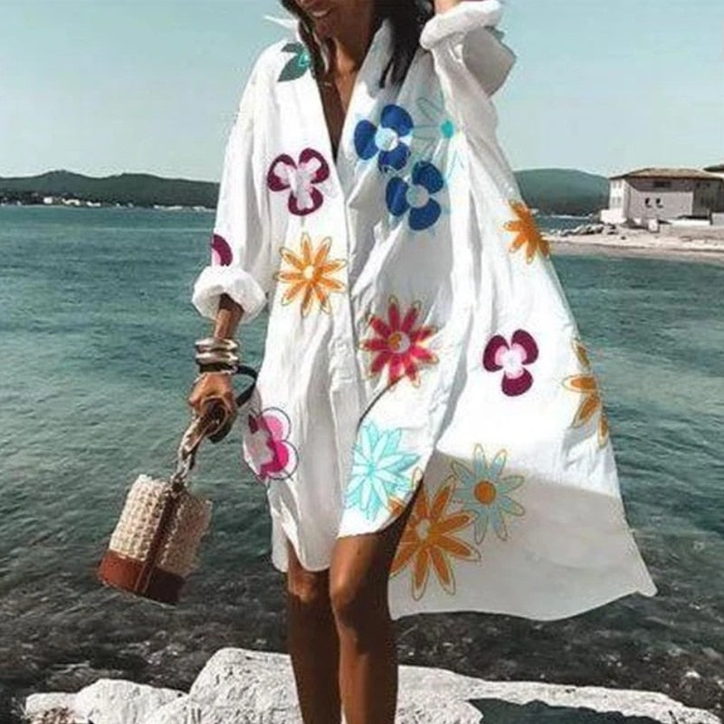 Women's Casual Long Sleeve Shirt Dress Oversized Loose Beach Party Vestidos Robe Blouse