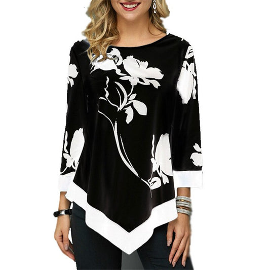 New Spring Oversized Women Casual Irregular O-Neck Lace Splice Floral Printing Pullover