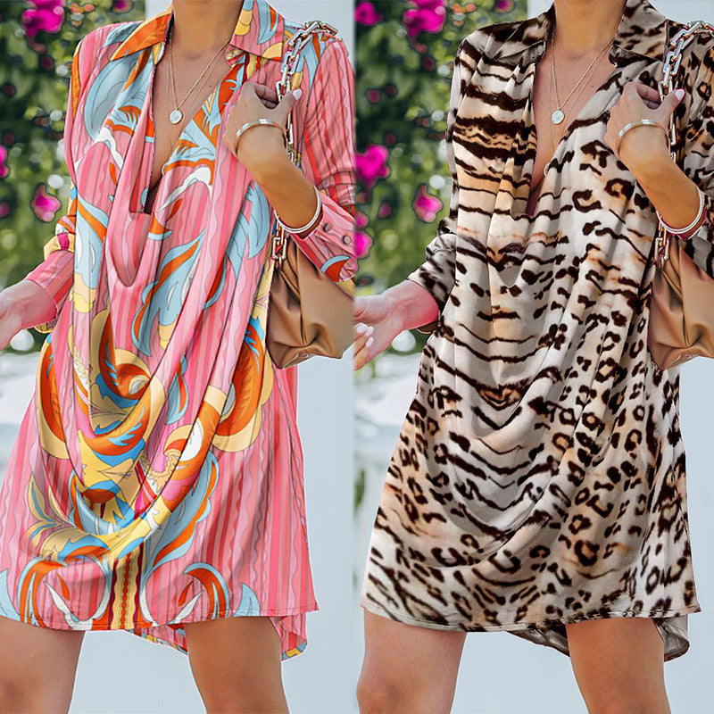 Leopard Print A-Line Party Dress Lady Lapel Fashion Shirt Dress Women Vintage Long Sleeve Draped Mini Dress