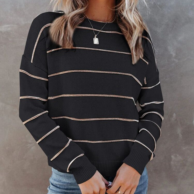 Striped Long-sleeved Pullover Core-spun Sweater