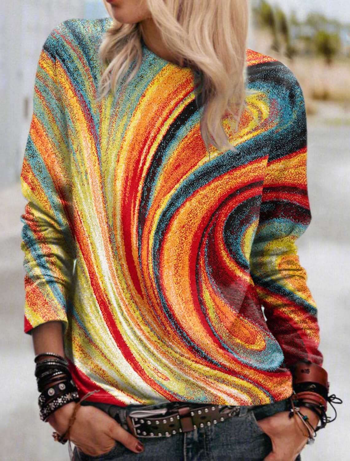 Women's Colorful Abstract 3D Digital Print Crew Neck Long Sleeve Sweatshirt