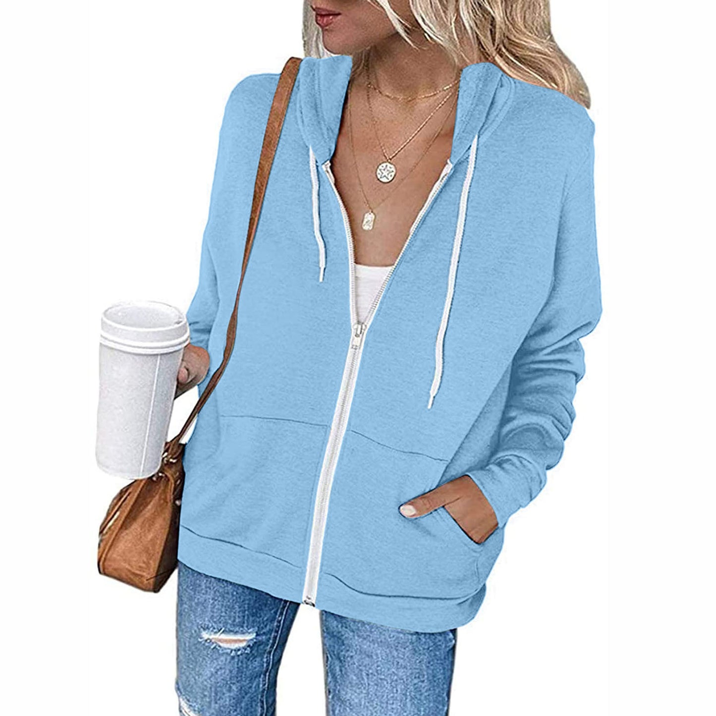Women's Solid Color Long Sleeve Pocket Drawstring Hooded Zipper Thickened Sweatshirt