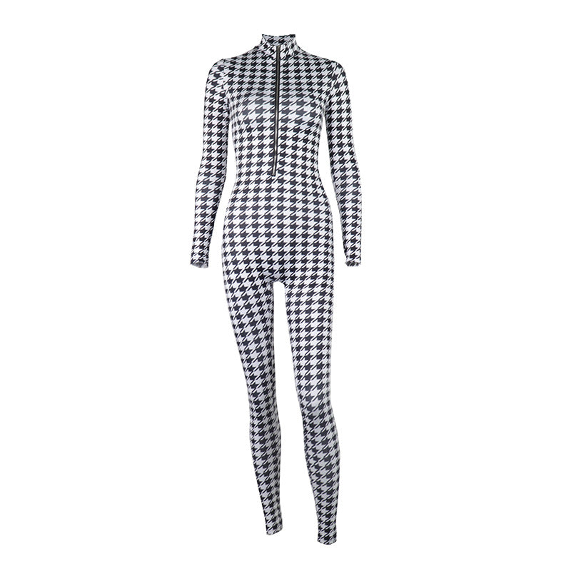 Houndstooth Print Zip Stand Collar Long Sleeve Skinny Hip Lift Jumpsuit
