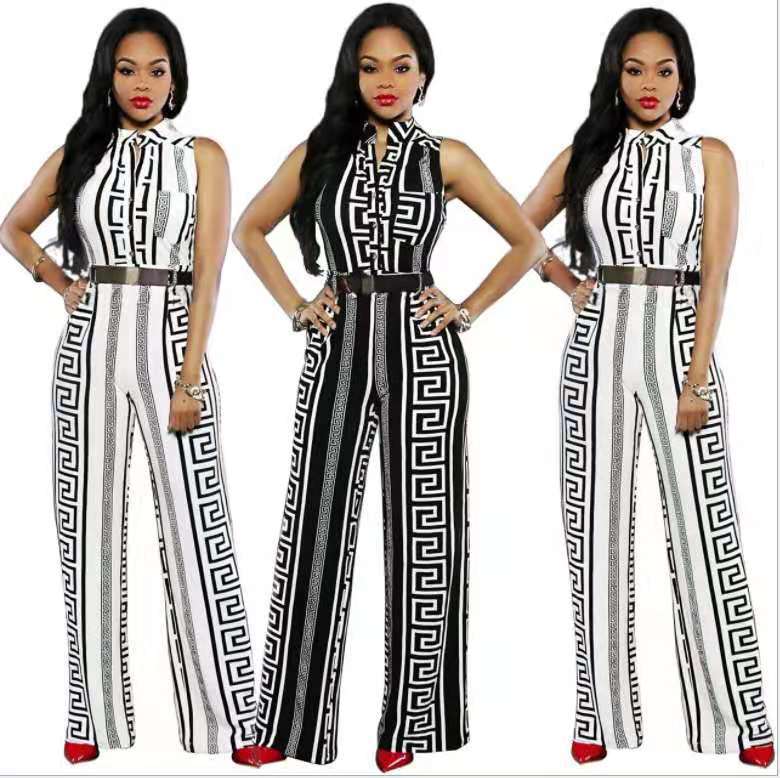 European And American Fashion Loose Casual Jumpsuit Printed Trousers Belt
