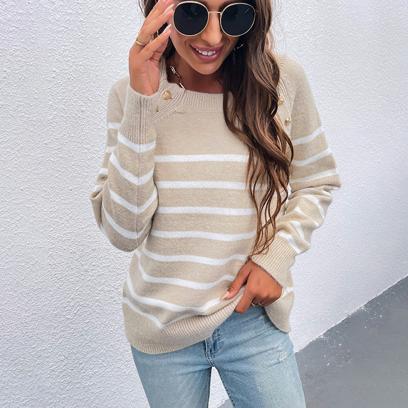 Fashion Striped Knit Pullover Shoulder Button Sweater Women