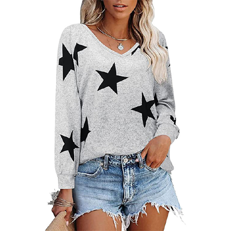 Five-pointed Star Print V-neck Long-sleeved Sweater T-shirt Women