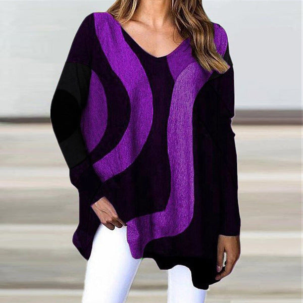 V-Neck Pullover Long Sleeve Geometric Loose Casual Women's Top