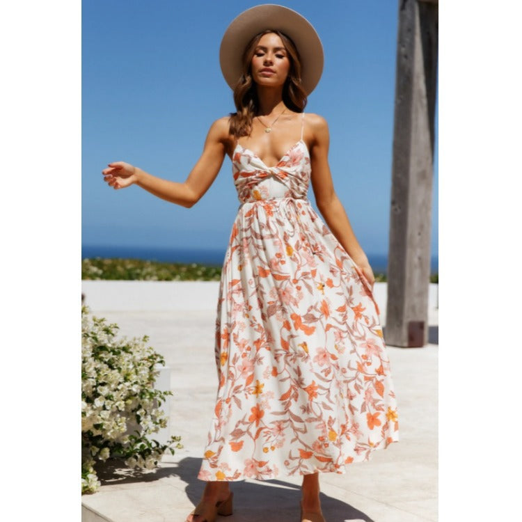 Summer Vacation Bohemian Print Big Swing Dress Suspender Dress