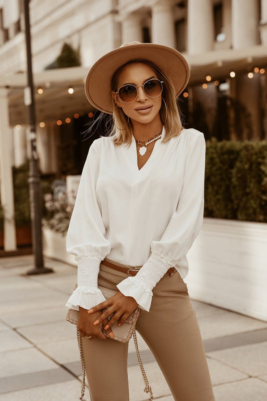 Pure Color Simple Cuffs Embellished V-Neck Women Shirt