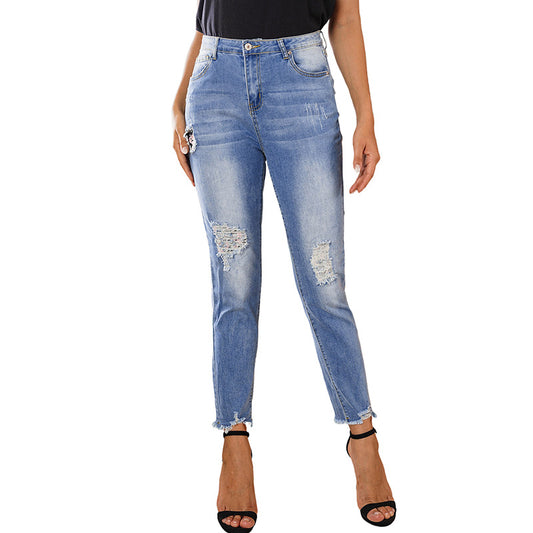 Fashion Sexy Ripped Raw Edge High Waist Ladies Cropped Jeans
