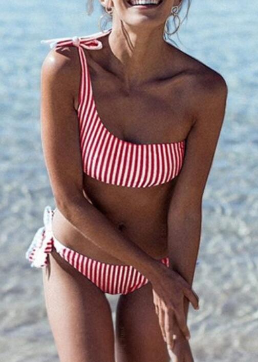 One-shoulder Lace Split Bikini Swimsuit Striped Multicolor Ladies Swimwear