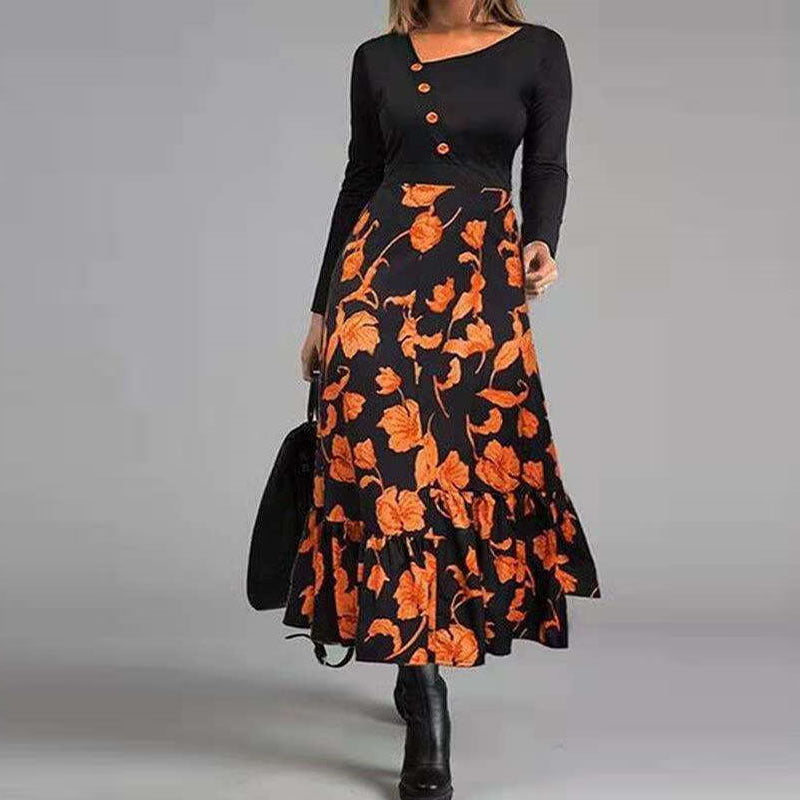 Elegant Patchwork Button Slim Waist Party Dress Retro Floral Print Long Sleeve Boho Dress Women  Diagonal Collar Maxi Dress