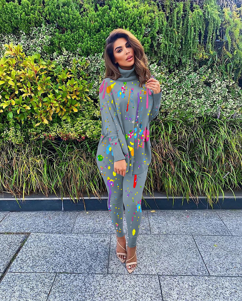 European And American Fashion Casual Printed Bat Sleeve Top Trousers Suit