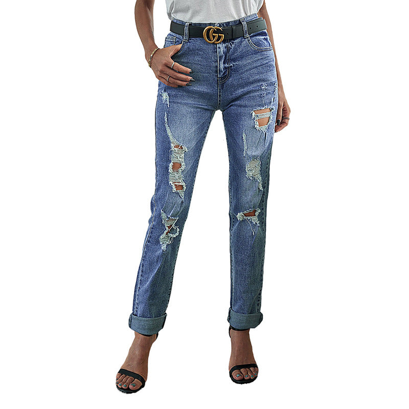 Fashion Sexy Ripped Raw Edge High Waist Ladies Cropped Jeans
