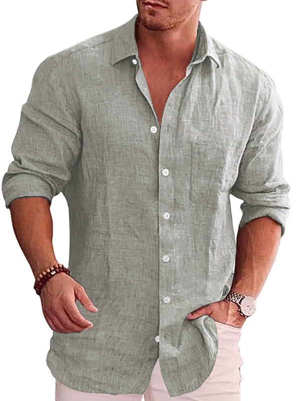 Men's Solid Color Shirt Linen Lapel Long Sleeve Casual Shirt