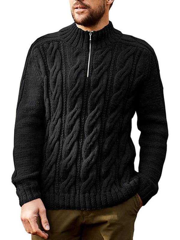 Men's New Solid Color Zipper Half Turtleneck Long Sleeve Sweater