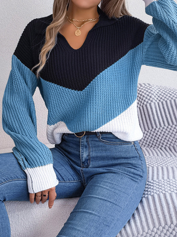 New Ladies Lapel Collar Contrast Color Long Sleeve Knitted Pullover Sweater
