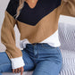 New Ladies Lapel Collar Contrast Color Long Sleeve Knitted Pullover Sweater