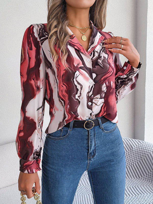 New Women's Casual Color Contrast Striped Suit Collar Long-Sleeved Shirt