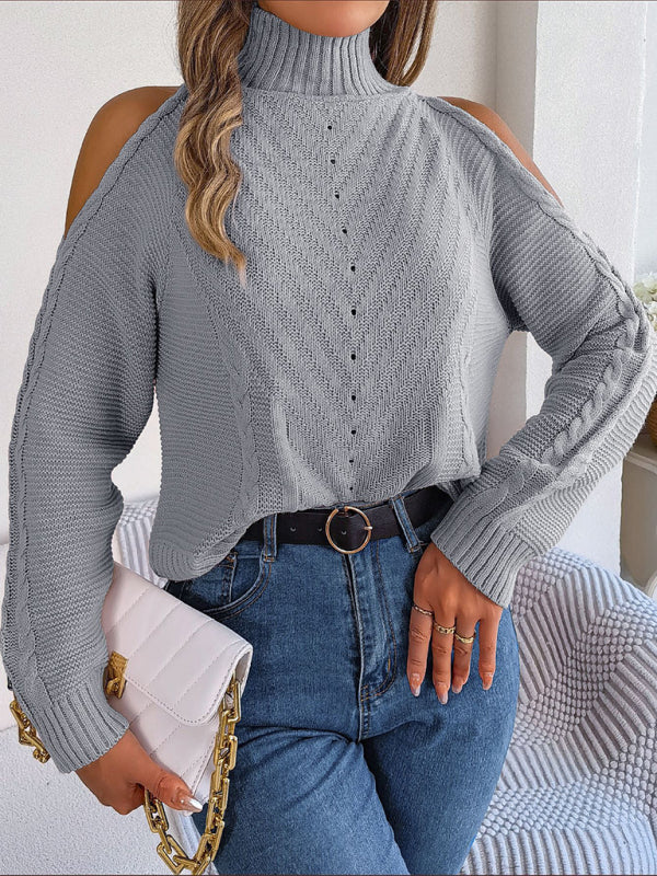 New Women's Off-The-Shoulder Turtleneck Hollow-Out Long-Sleeved Knitted Pullover Sweater