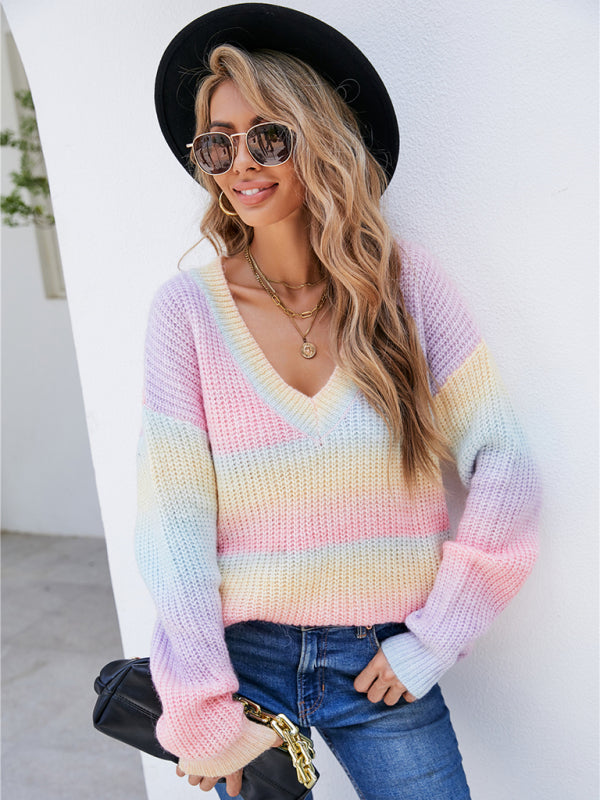 New Women's Rainbow Stitching Tie-Dye V-Neck Pullover Sweater