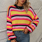 Ladie's Loose Mid-Color Round Neck Striped Sweater