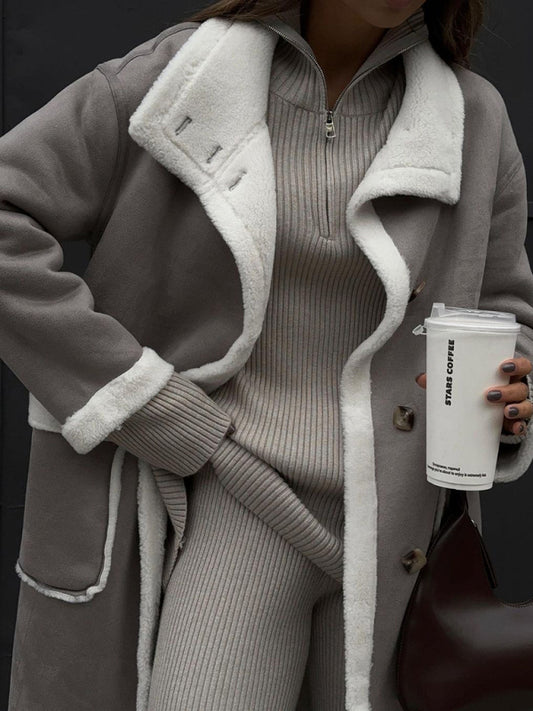 Women's Patch Pocket Gray and White Color Block Lapel One-Piece Fur Coat