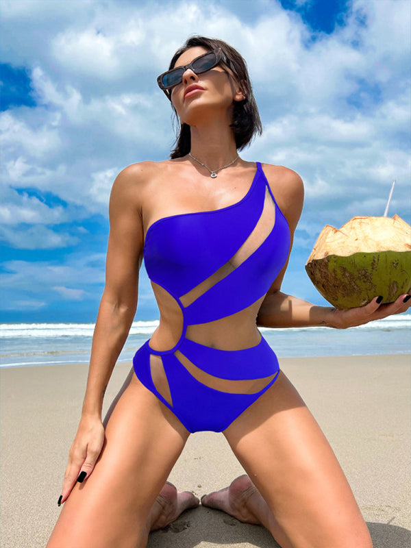 New Solid Color Hollow Mesh Sexy Bikini One-Piece Swimsuit
