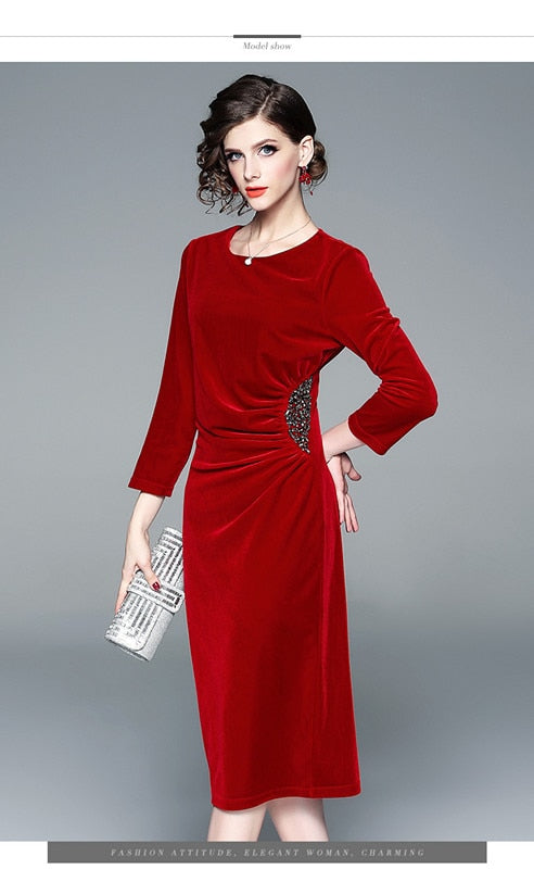 MARKOWO Designer Brand 2022 New round neck velvet beaded dress banquet solid color dress skirt