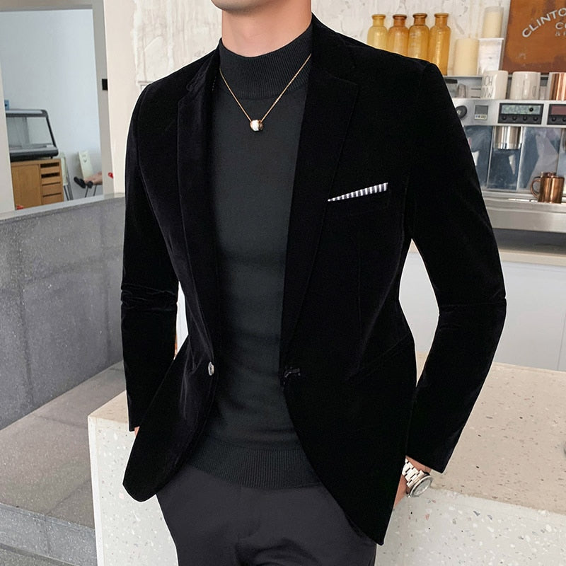 Fall Winter Gold Velvet Blazer High Quality Slim Fit Suit Jacket