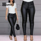 Solid Buttoned Casual Coated PU Pants Women Skinny Pencil Pants