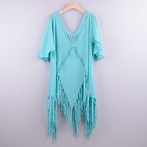 Backless Cover Up With Tassels Sexy V-neck Halter Beach Dress Women