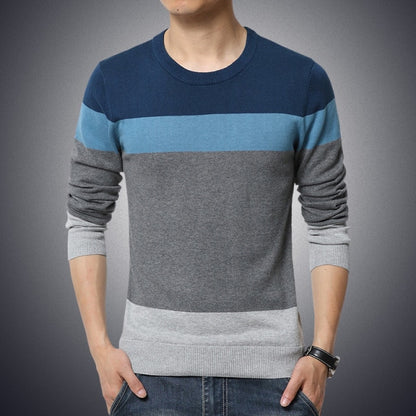 Casual Men's Sweater O-Neck Striped Slim Fit Knitwear 2021 Autumn Sweaters Pullovers