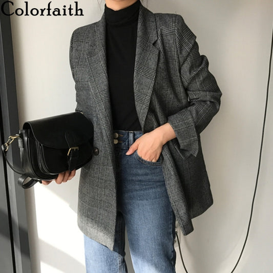 Colorfaith New Winter Spring Women's Blazers Plaid Double Breasted Pockets