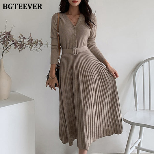 BGTEEVER Elegant V-Neck Autumn Winter Knitted Belted A-line Soft Dress