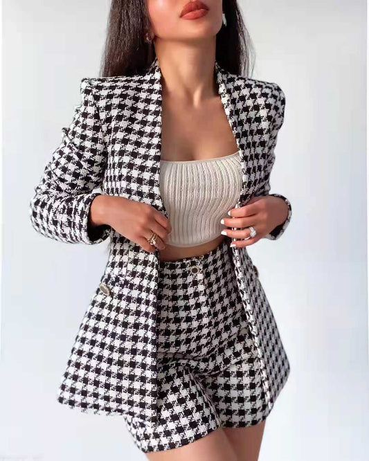 Tweed Two pieces set Women Vintage V Neck Long Sleeve slim Blazer Coat Hight Waist Shorts