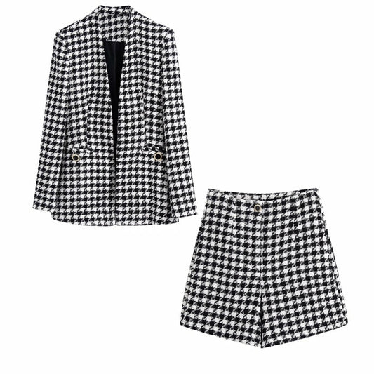 Tweed Two pieces set Women Vintage V Neck Long Sleeve slim Blazer Coat Hight Waist Shorts