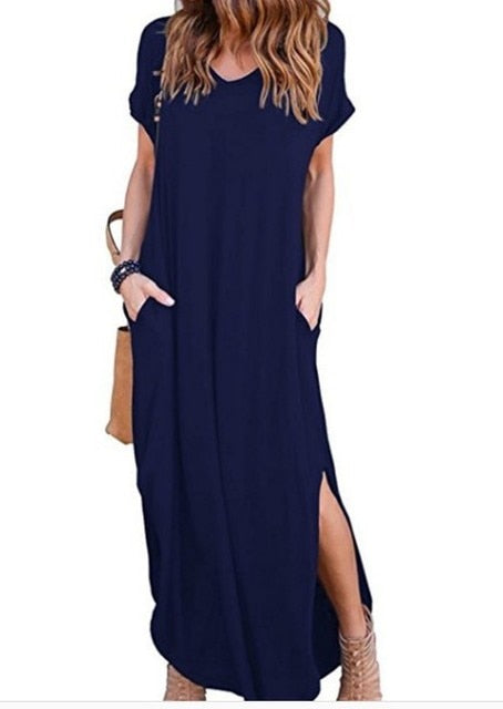 Plus Size 5XL Sexy Women Dress Solid Casual Short Sleeve Maxi Dress