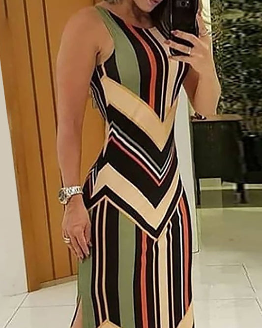 Colorful Striped Print Side Slit Maxi Dress
