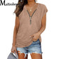 Women 2022 Summer New Style Chest Zipper Pleated Casual Short-Sleeve T-Shirt Blouse Fashion Hot Sale Solid Color V-Neck T-Shirts