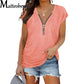 Women 2022 Summer New Style Chest Zipper Pleated Casual Short-Sleeve T-Shirt Blouse Fashion Hot Sale Solid Color V-Neck T-Shirts